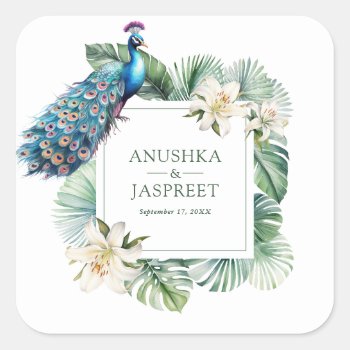 Tropical Indian Peacock Floral Wedding Square Sticker by ShabzDesigns at Zazzle