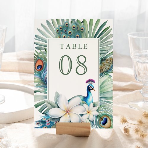 Tropical Indian Peacock Floral Wedding Table Number