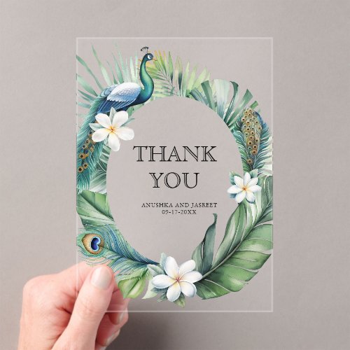 Tropical Indian Peacock Floral Wedding Thank You Acrylic Invitations