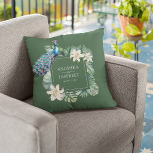 Tropical Indian Peacock Floral Wedding Throw Pillow