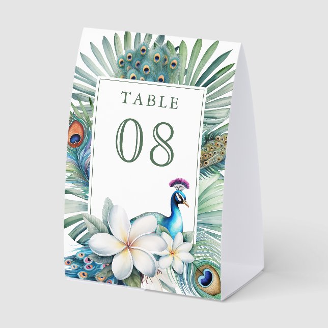 Tropical Indian Peacock Wedding Table Number Paper Table Tent (Front)