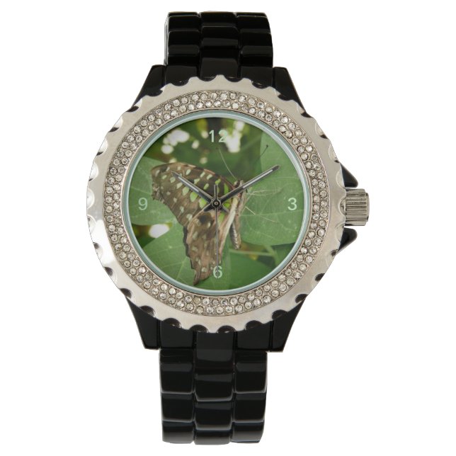 Tropical Iridescent Green Butterfly Glitter Watch (Front)