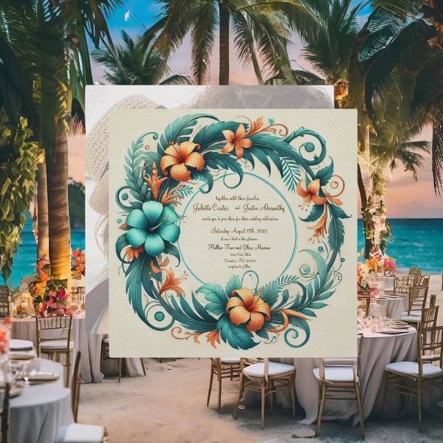 Tropical Iridescent Round Frame Wedding Invitation (Creator Uploaded)