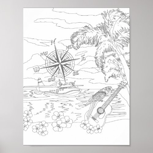 Tropical Island Adult Coloring Poster