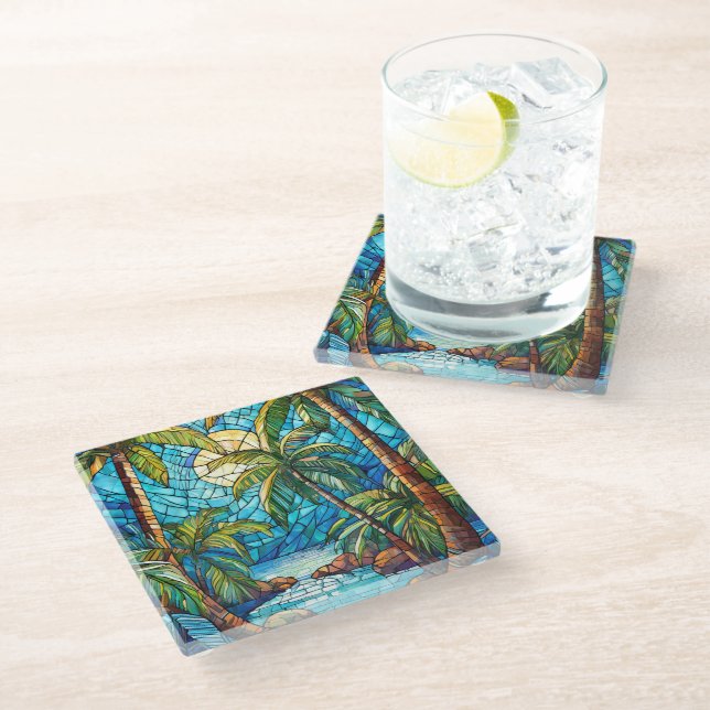Tropical island at night Stained glass art Glass Coaster (Angled)