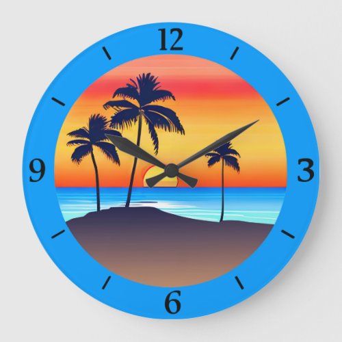 Tropical Island at Sunset with Palm Trees Large Clock