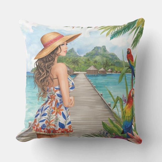 Tropical Island   Beach and Lovely Women Outdoor Pillow (Front)