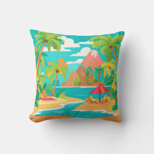 Tropical island beach and palm trees Throw Pillow