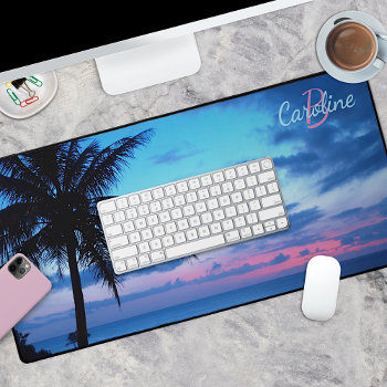 Tropical Island Beach Aqua Blue Ocean Pink Sunset Desk Mat by CaseConceptCreations at Zazzle