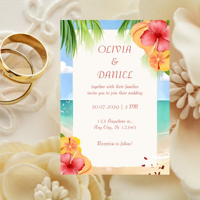 Tropical Island Beach Floral Wedding Invitation (Creator Uploaded)