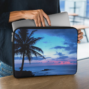 Tropical Island Beach Ocean Pink Blue Sunset Photo Laptop Sleeve