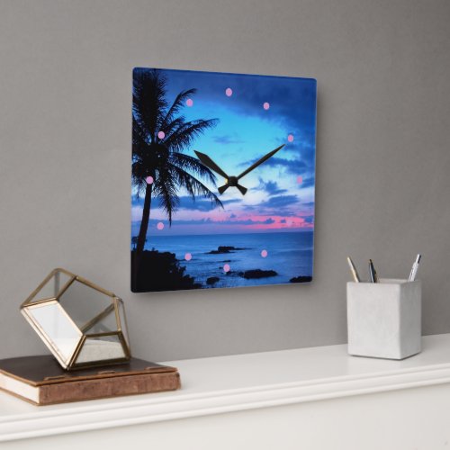 Tropical Island Beach Ocean Pink Blue Sunset Photo Square Wall Clock