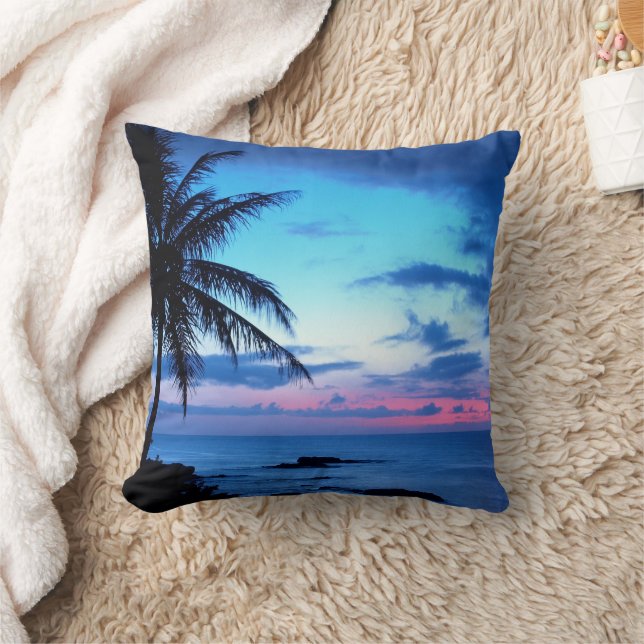 Tropical Island Beach Ocean Pink Blue Sunset Photo Throw Pillow (Blanket)