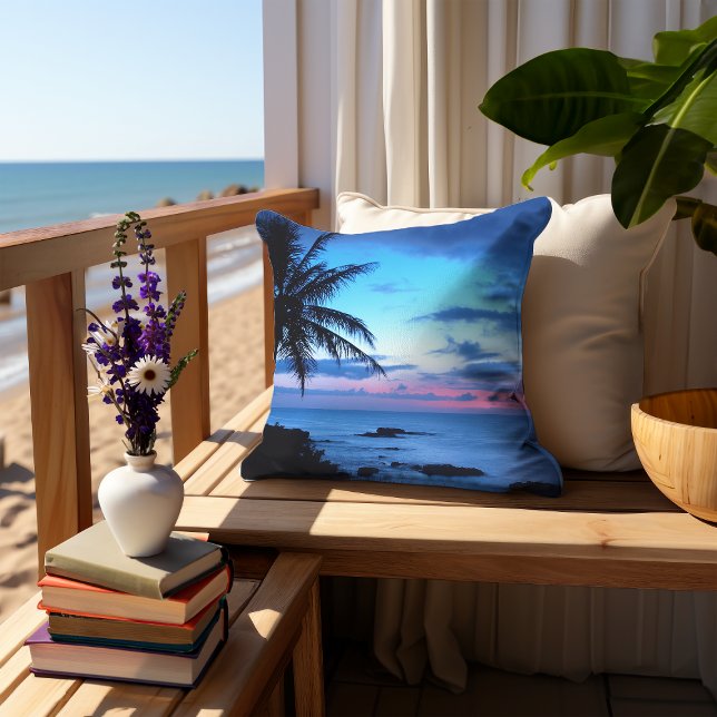 Tropical Island Beach Ocean Pink Blue Sunset Photo Throw Pillow (Creator Uploaded)
