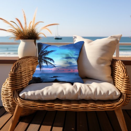 Tropical Island Beach Ocean Pink Blue Sunset Photo Throw Pillow