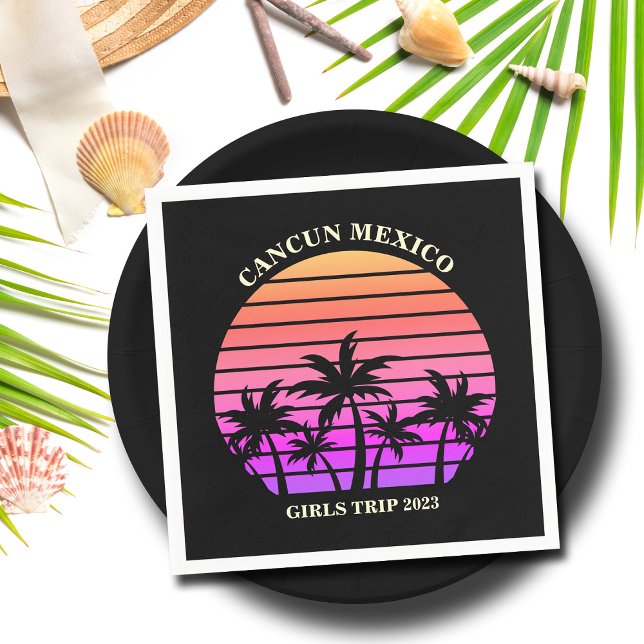 Tropical Island Beach Palm Tree Pink Black Party Napkins (Creator Uploaded)