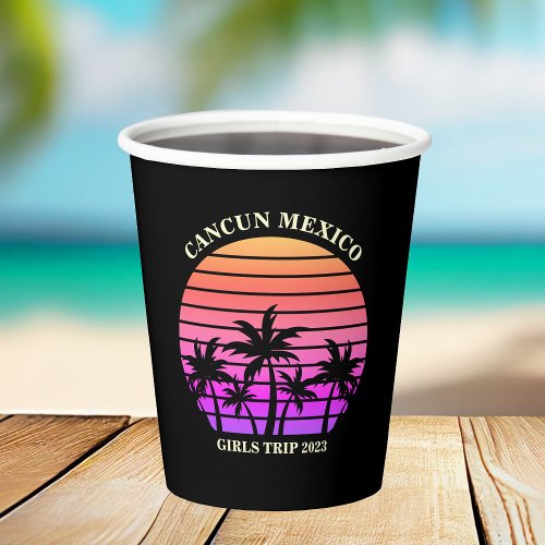 Tropical Island Beach Palm Tree Pink Black Party Paper Cups