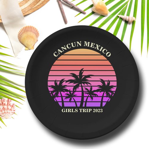 Tropical Island Beach Palm Tree Pink Black Party Paper Plates