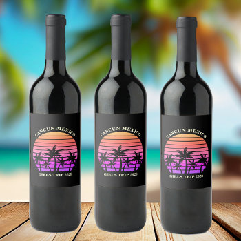 Tropical Island Beach Palm Tree Pink Black Party Wine Label by epicdesigns at Zazzle