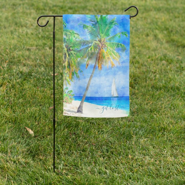 Tropical Island Beach Palm Tree Sailboat Garden Flag (In SItu)
