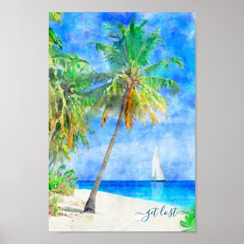 Tropical Island Beach Palm Tree Sailboat Poster