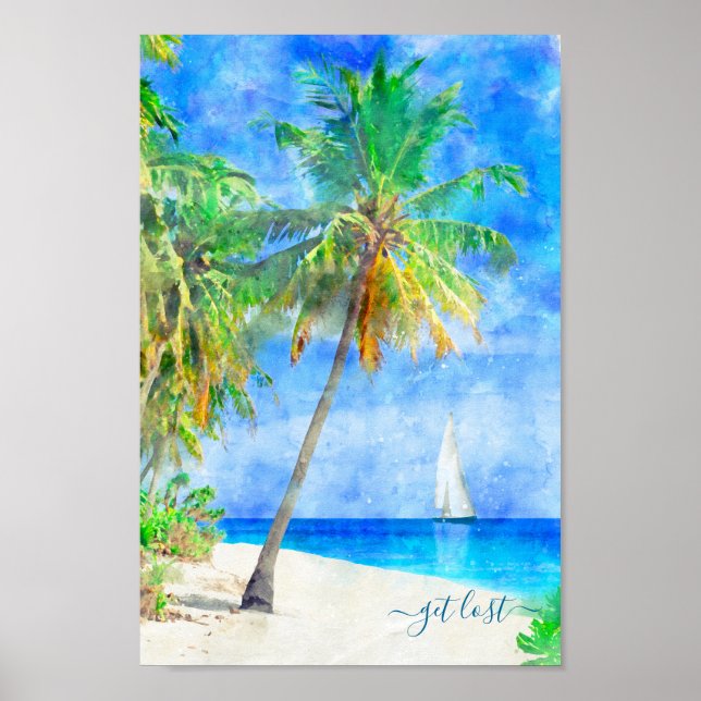 Tropical Island Beach Palm Tree Sailboat Poster (Front)