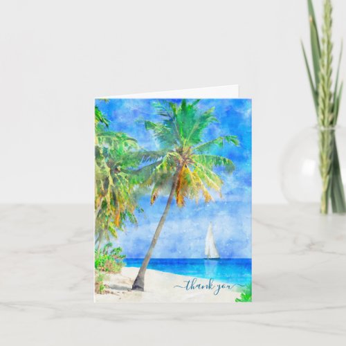 Tropical Island Beach Palm Tree Sailboat Thank You Card
