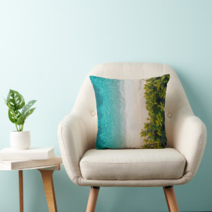 Tropical Island Beach Palm Trees Aqua Blue Ocean Throw Pillow