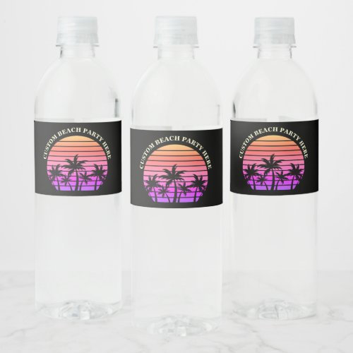 Tropical Island Beach Palm Trees Pink Black Water Bottle Label