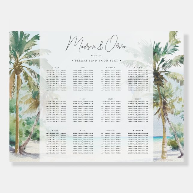 Tropical Island Beach Palm Wedding Seating Chart  Foam Board (Front)