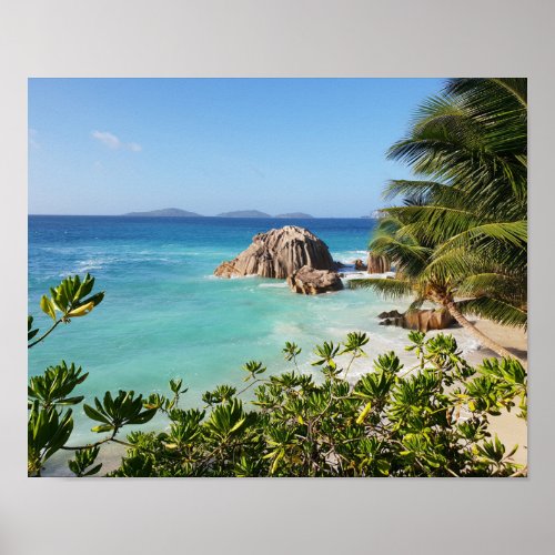 Tropical Island Beach Rocks  Palm Trees Poster