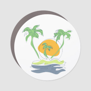 Tropical island beach scenery. Outline palm tree  Car Magnet
