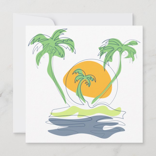 Tropical island beach scenery. Outline palm tree Card (Front)