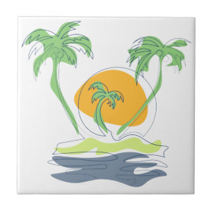 Tropical island beach scenery. Outline palm tree Ceramic Tile