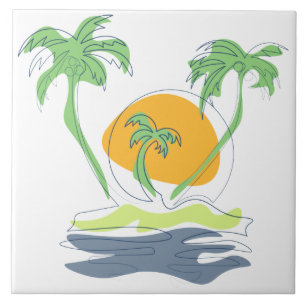 Tropical island beach scenery. Outline palm tree Ceramic Tile