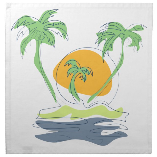 Tropical island beach scenery. Outline palm tree  Cloth Napkin (Front)