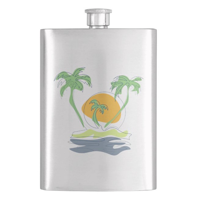 Tropical island beach scenery. Outline palm tree Flask (Front)
