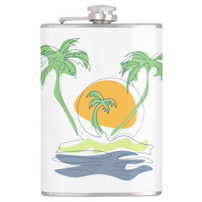 Tropical island beach scenery. Outline palm tree  Flask (Front)
