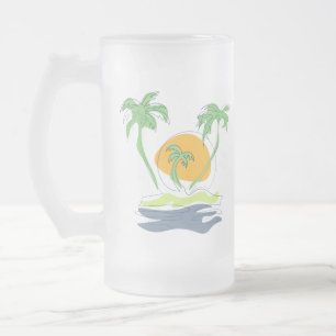 Tropical island beach scenery. Outline palm tree Frosted Glass Beer Mug