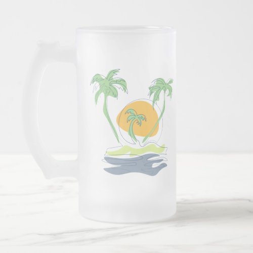 Tropical island beach scenery Outline palm tree Frosted Glass Beer Mug