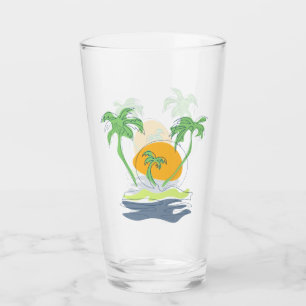 Tropical island beach scenery. Outline palm tree Glass