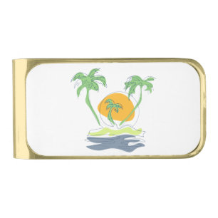 Tropical island beach scenery. Outline palm tree Gold Finish Money Clip