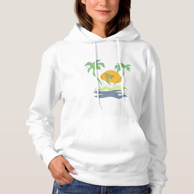 Tropical island beach scenery. Outline palm tree  Hoodie (Front)