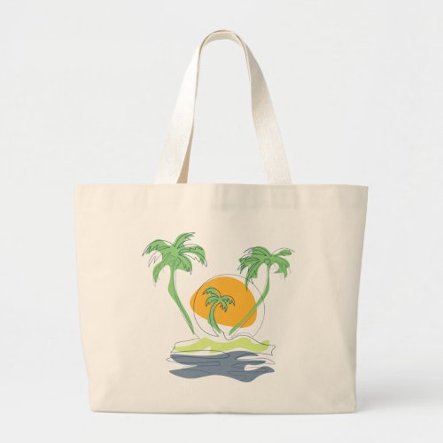 Tropical island beach scenery Outline palm tree  Large Tote Bag