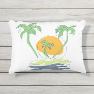 Tropical island beach scenery. Outline palm tree  Outdoor Pillow