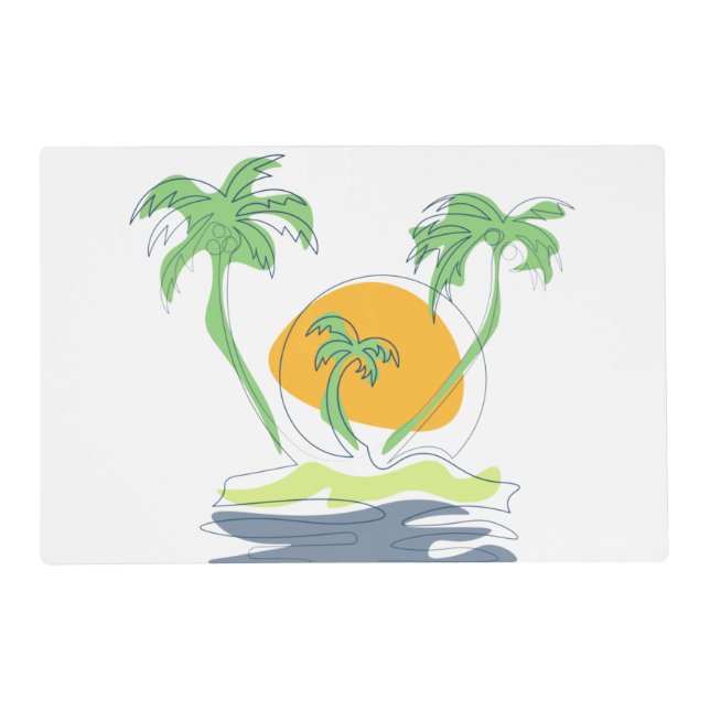 Tropical island beach scenery. Outline palm tree Placemat (Front)