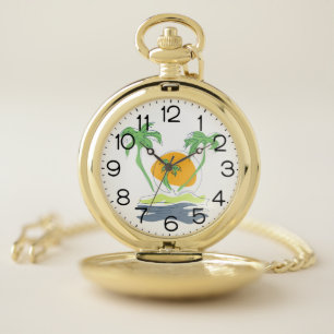 Tropical island beach scenery. Outline palm tree Pocket Watch