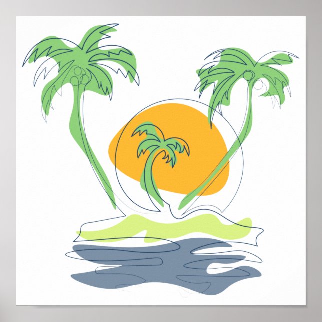 Tropical island beach scenery. Outline palm tree  Poster (Front)