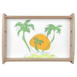 Tropical island beach scenery. Outline palm tree Serving Tray