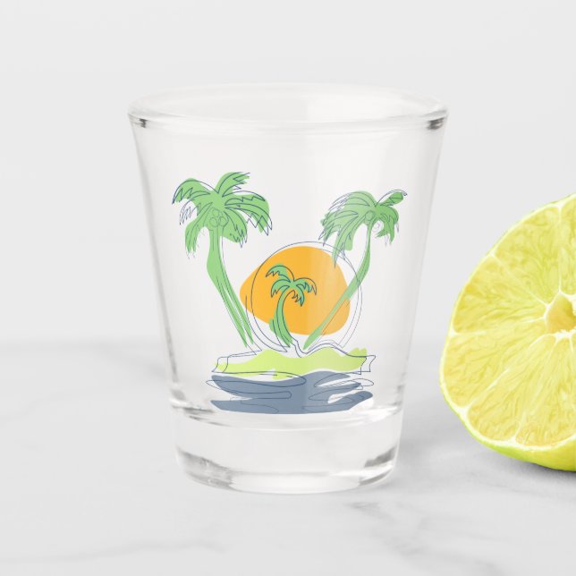 Tropical island beach scenery. Outline palm tree  Shot Glass (Front)